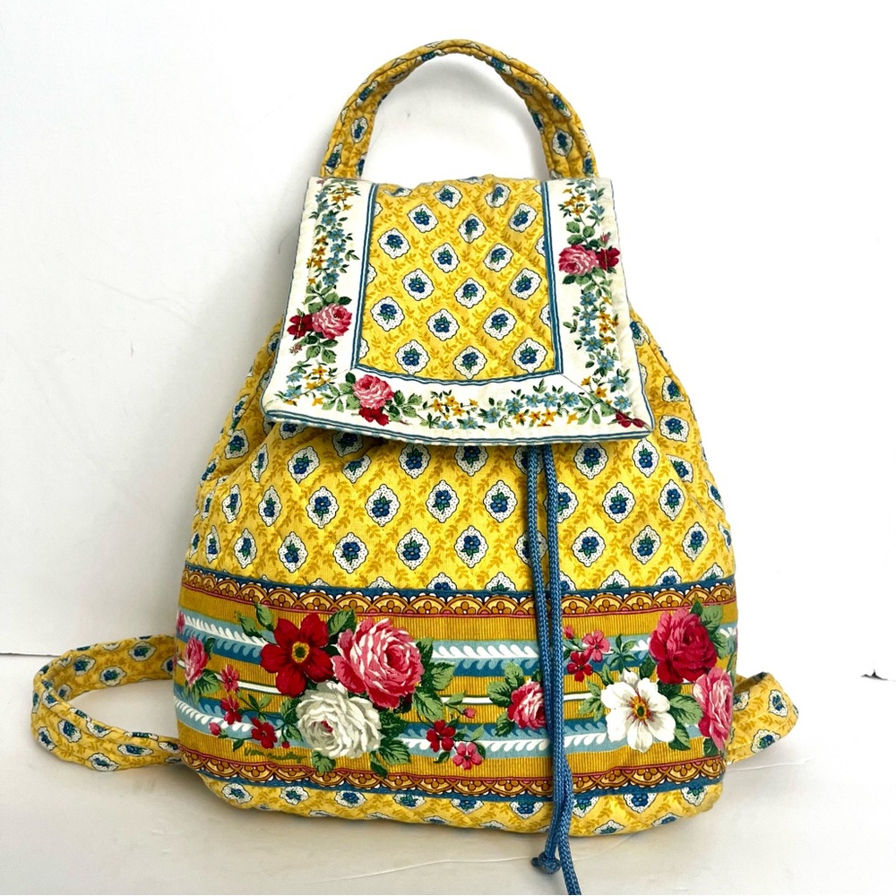 Vintage Vera Bradley M Backpack Bag Yellow Floral Rose Mimi Cottage Shoulder USA